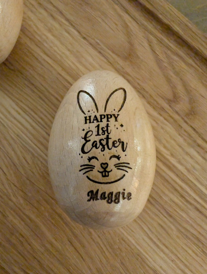🥚 Personalised Wooden Easter Egg Baby Rattle – Engraved Solid Wood Keepsake 🐣