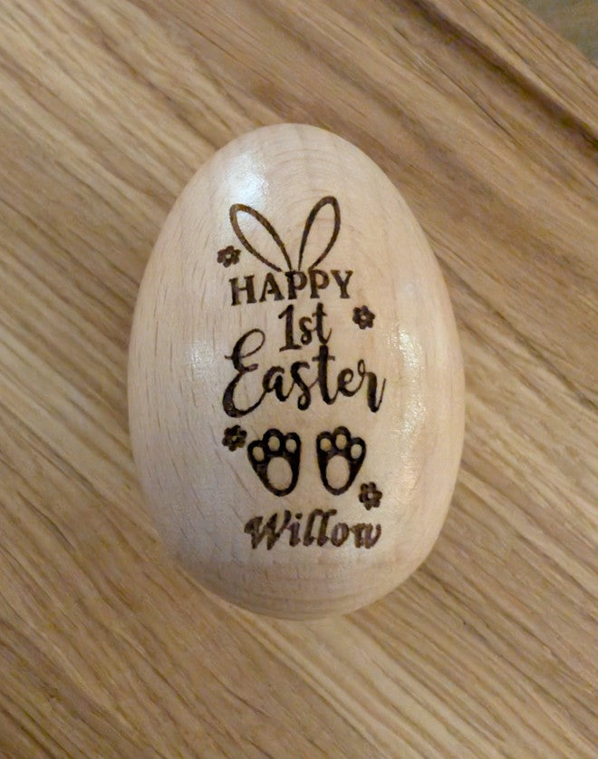 🥚 Personalised Wooden Easter Egg Baby Rattle – Engraved Solid Wood Keepsake 🐣