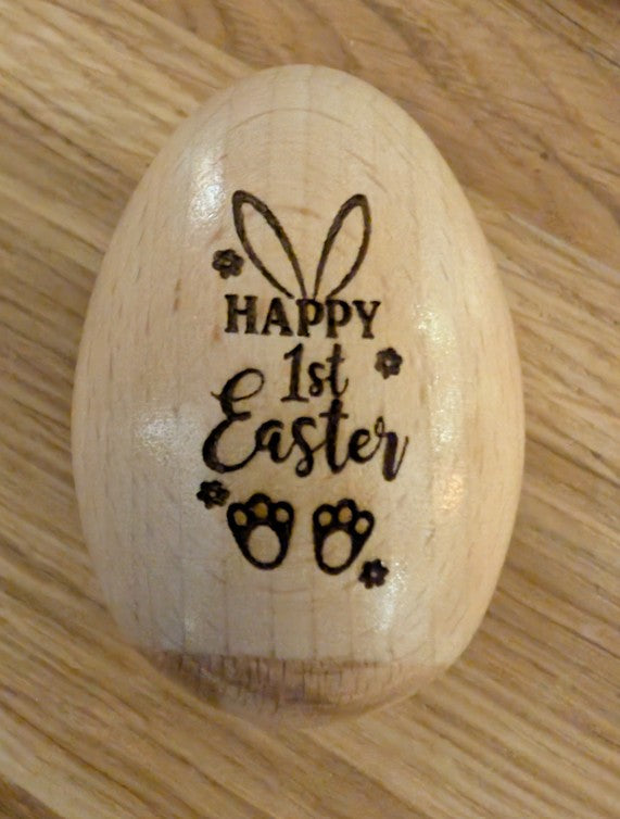 🥚 Personalised Wooden Easter Egg Baby Rattle – Engraved Solid Wood Keepsake 🐣