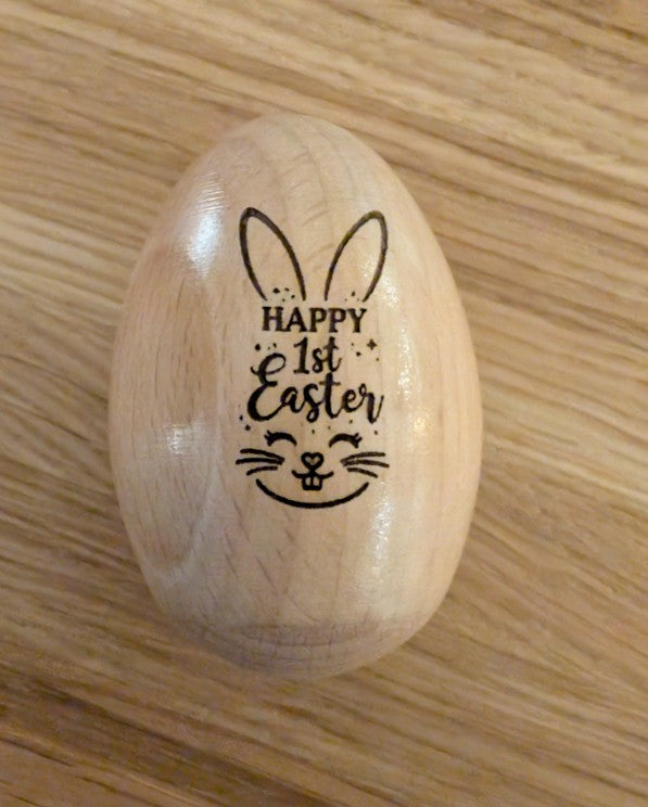 🥚 Personalised Wooden Easter Egg Baby Rattle – Engraved Solid Wood Keepsake 🐣