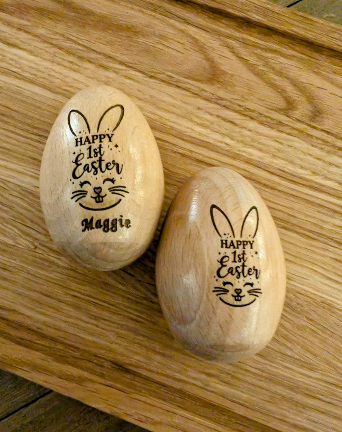🥚 Personalised Wooden Easter Egg Baby Rattle – Engraved Solid Wood Keepsake 🐣
