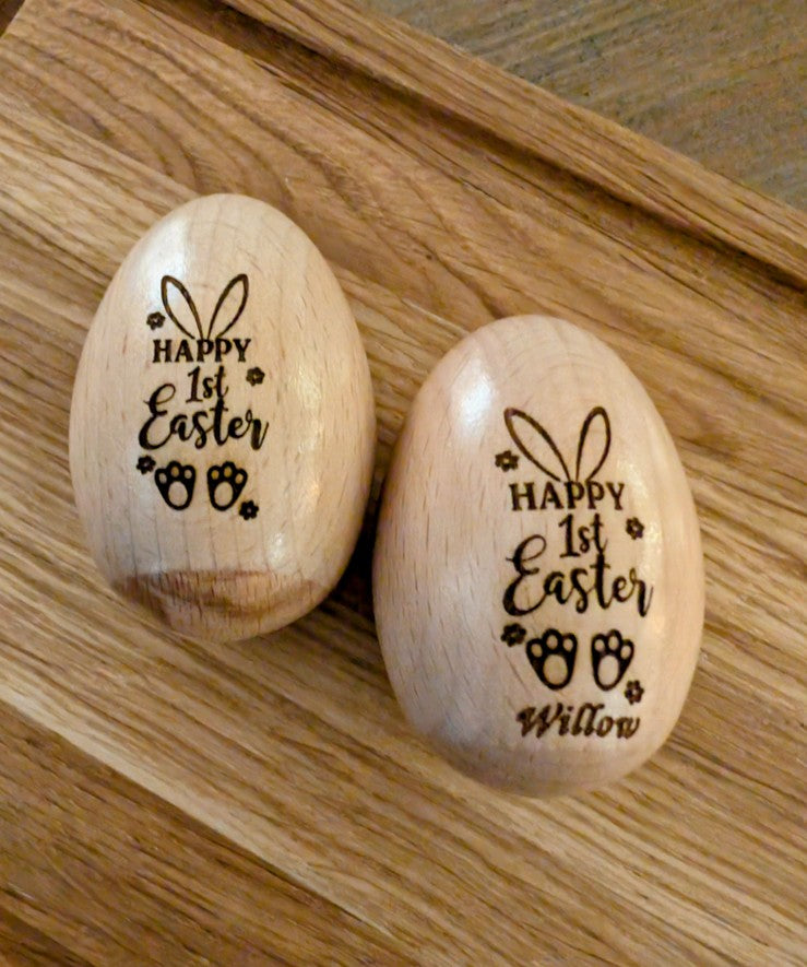 🥚 Personalised Wooden Easter Egg Baby Rattle – Engraved Solid Wood Keepsake 🐣
