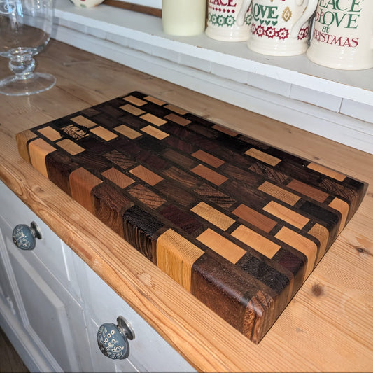 🪵 Handmade Exotic Species End Grain Chopping Board – Brick & Mortar Pattern