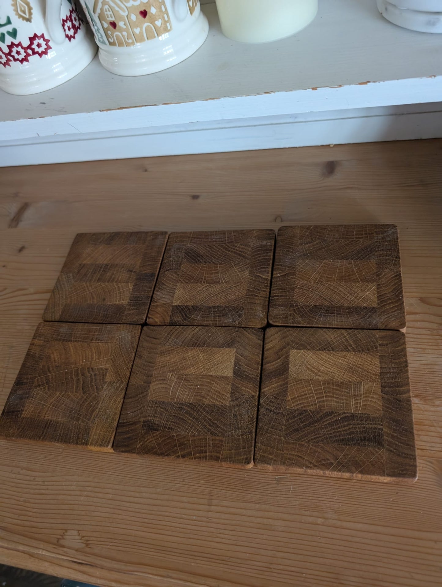 🪵 Wooden Coaster Set – Oak End Grain Checkerboard | Pack of 6