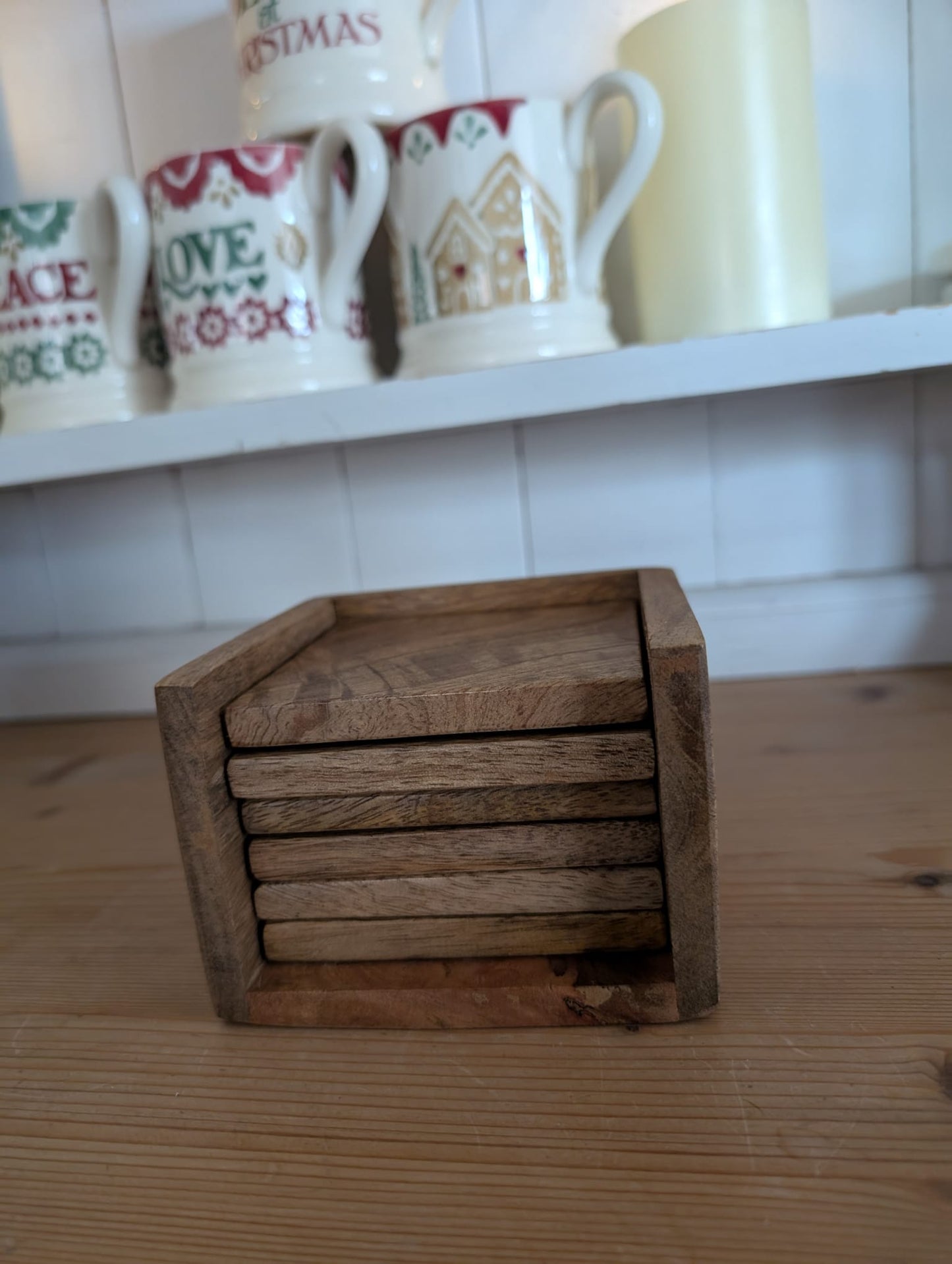 🪵 Wooden Coaster Set with Holder – Solid Mango Wood | Set of 6