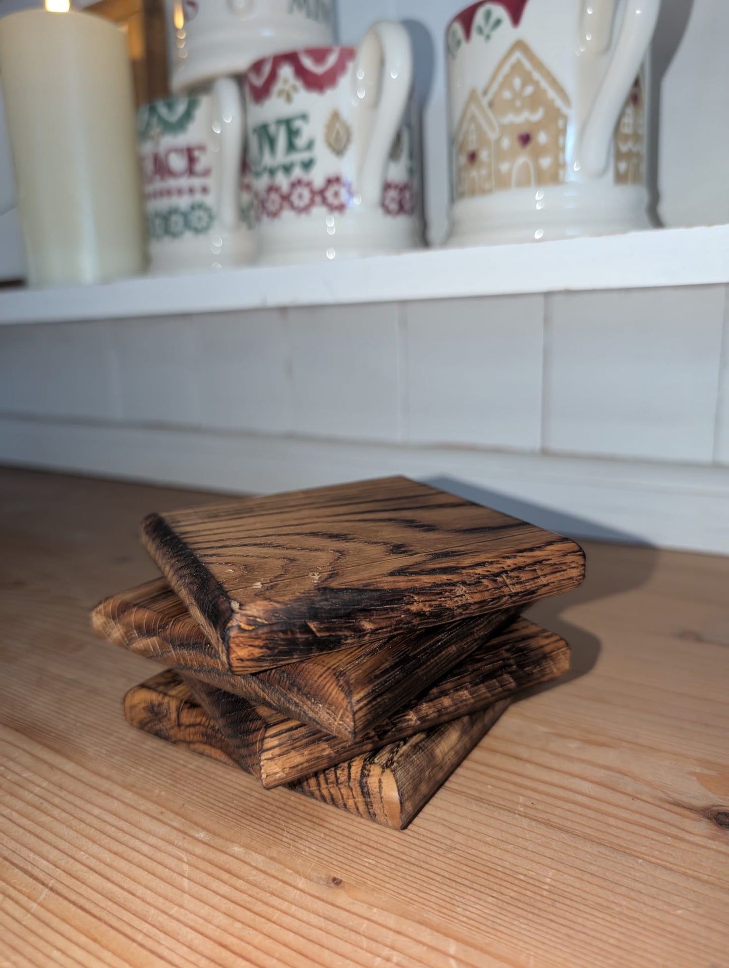 🔥 Wooden Coaster Set – Burnt Oak | Pack of 4
