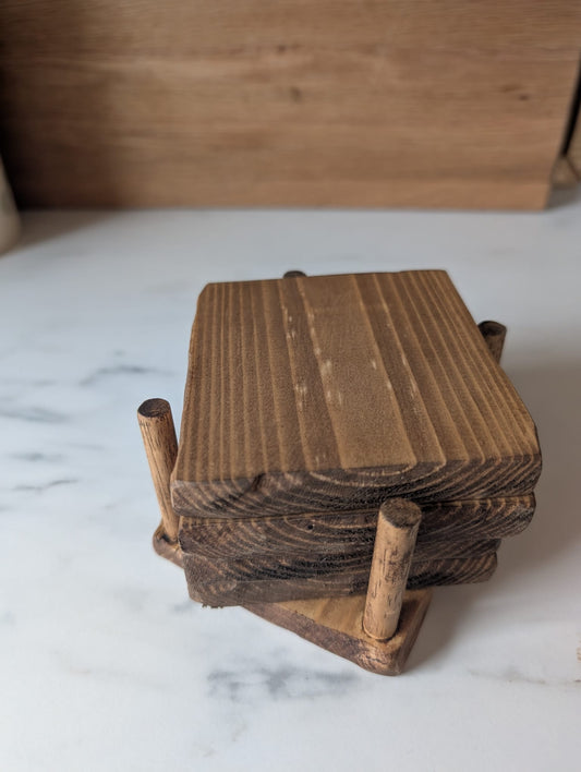 ☕ Handmade Oak Wood Coaster Set with Holder